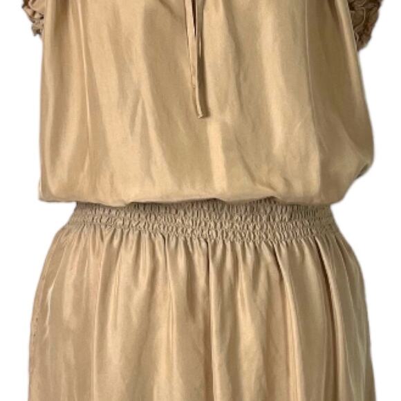 Talbots Dress Smocked Blouson Waist Tan 100% Silk Short Sleeve Women’s Medium M - Picture 10 of 12